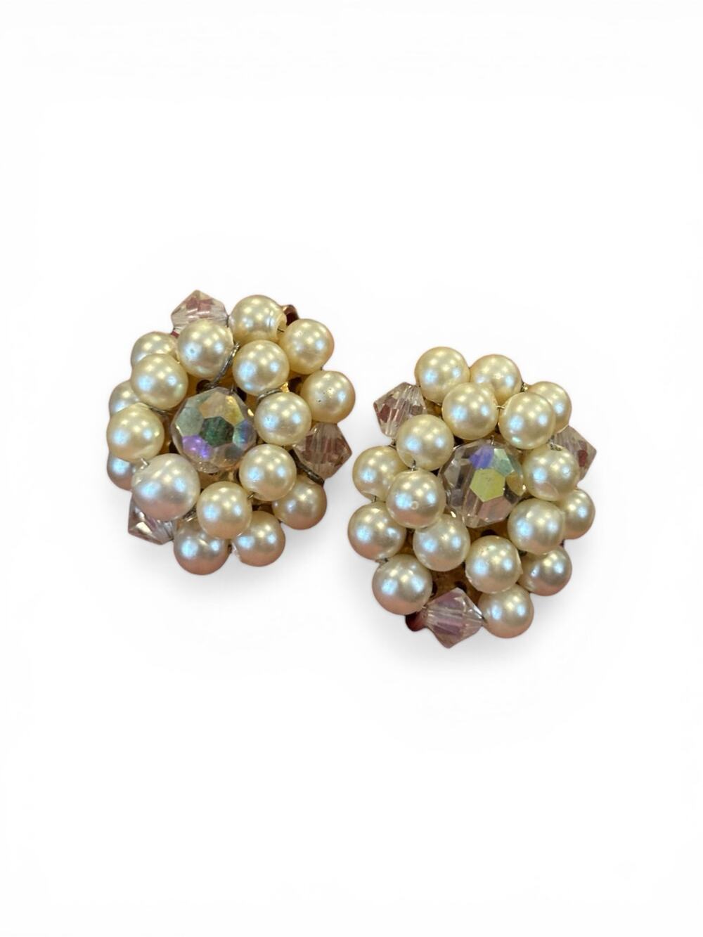 Vintage Faux Pearl Cluster Clip Earrings Aurora Borealis Center Gold Tone 1950s
